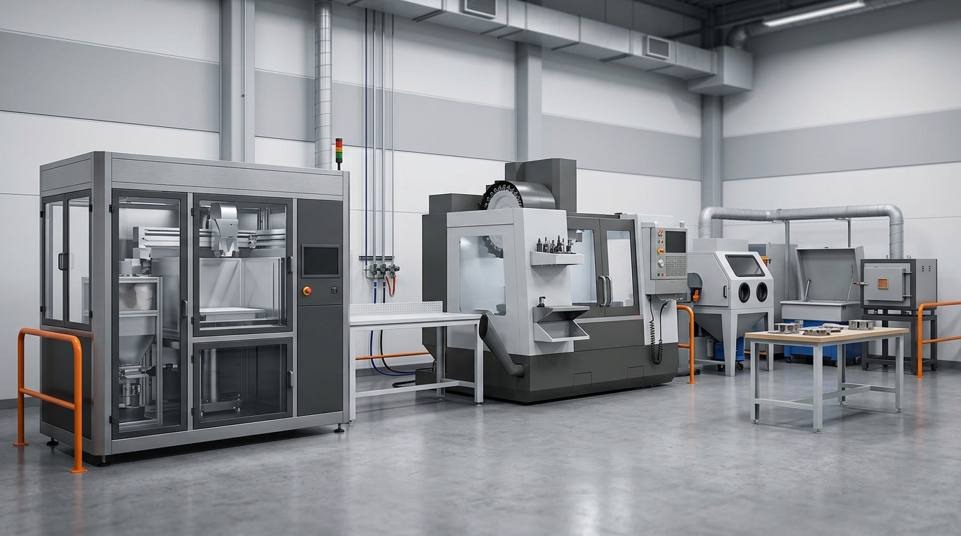 Rappresentazione generica di un’area espositiva industriale con stampante 3D metallica, macchina CNC e attrezzature di postprocessing