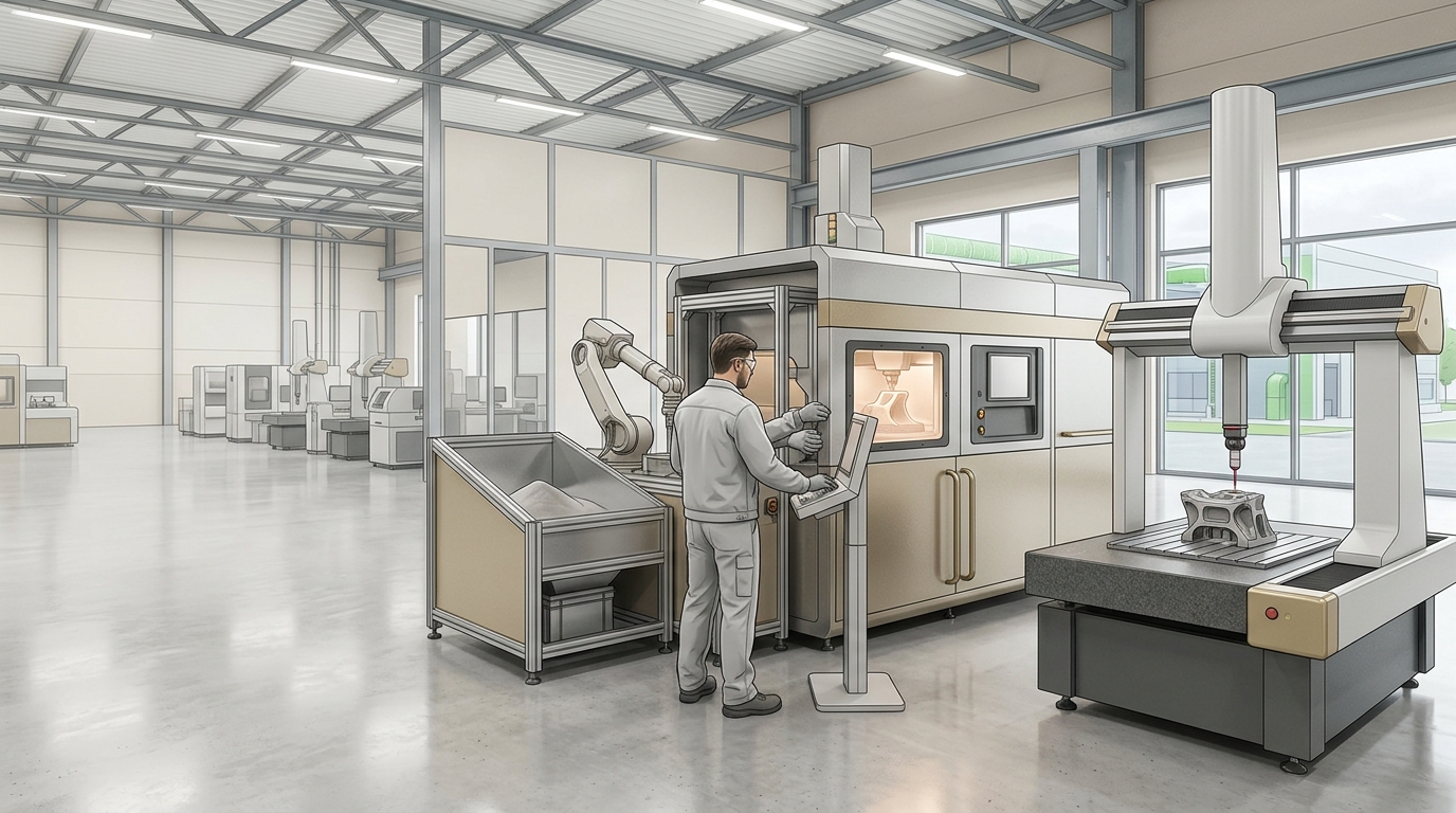 Illustrazione neutra di un moderno stabilimento industriale con aree produttive per metrologia e additive manufacturing