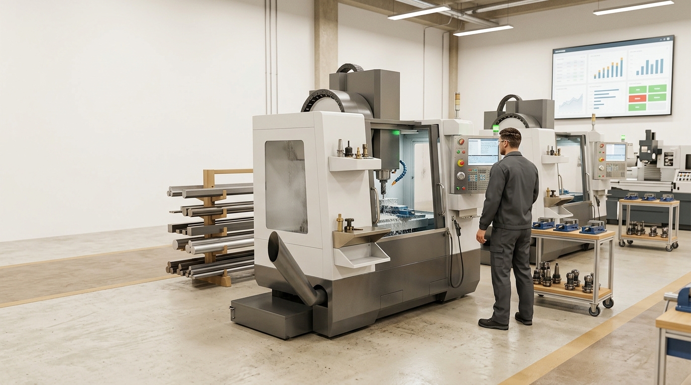 Generic precision machining shop floor with CNC equipment, illustrating production activity and supplier lead time pressure