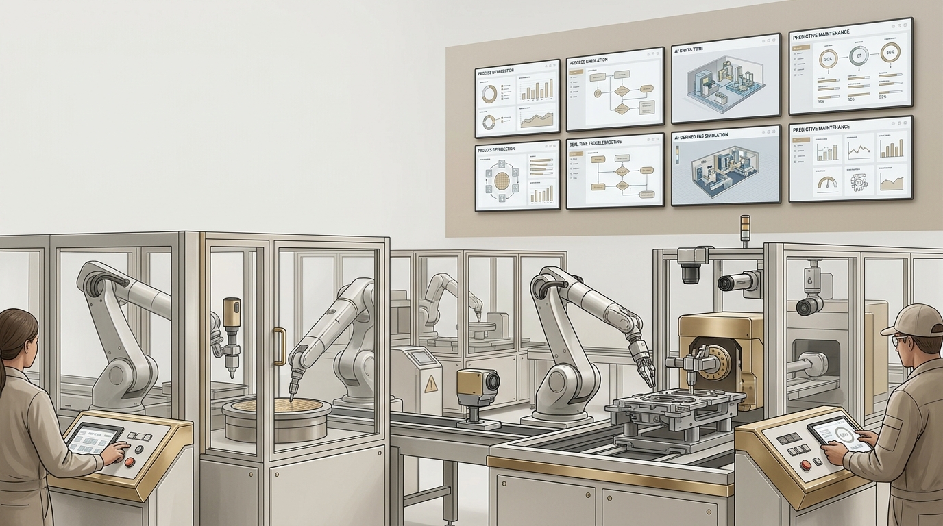 Illustrazione di una fabbrica digitale con robot, stazioni di ispezione e simulazione di processo su schermi industriali