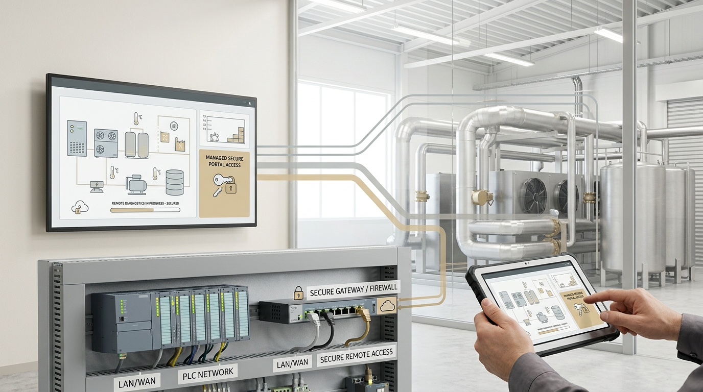 Illustrazione neutrale di un impianto industriale con controller, rete OT segmentata e accesso remoto protetto.