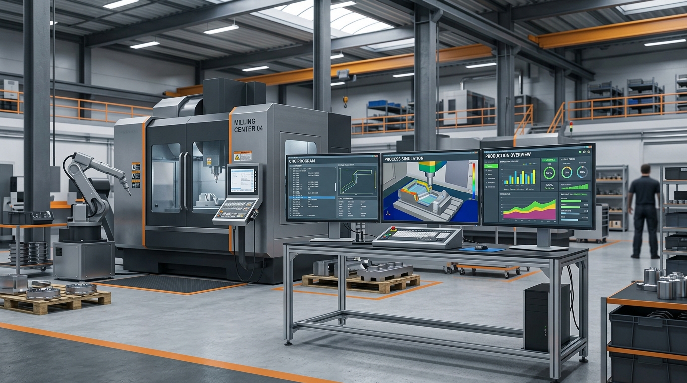 Interfaccia software industriale generica per programmazione CNC, simulazione e gestione dati in officina