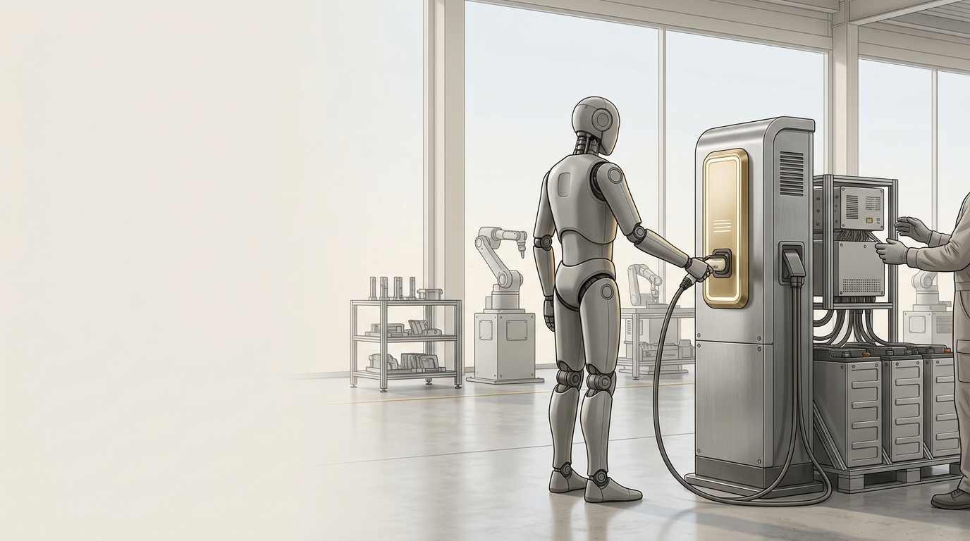 Illustrazione di un robot industriale umanoide collegato a un sistema di ricarica rapida in un ambiente produttivo generico