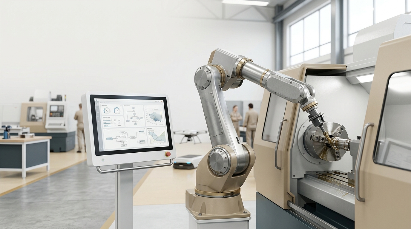 Illustrazione di una cella robotizzata industriale con interfacce software, simulazione digitale e braccio robotico generico
