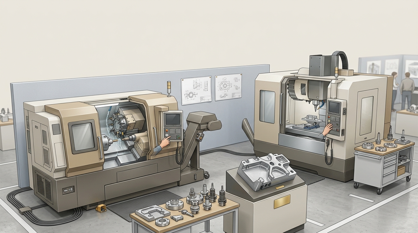 Macchina utensile CNC multitasking in un centro tecnico, con area dimostrativa e componenti metallici in lavorazione
