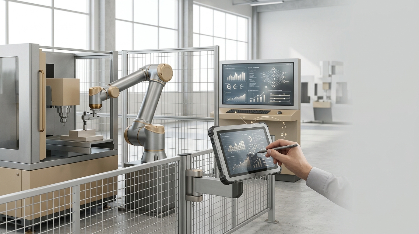 Illustrazione di un sistema robotico industriale autonomo con procedure di verifica della sicurezza per l’intelligenza artificiale.