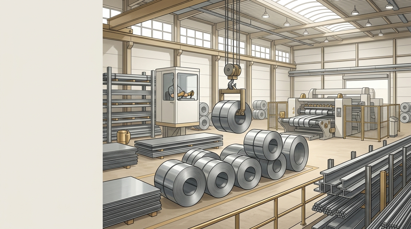 Illustrazione neutrale di coils e semilavorati in acciaio in un contesto industriale generico