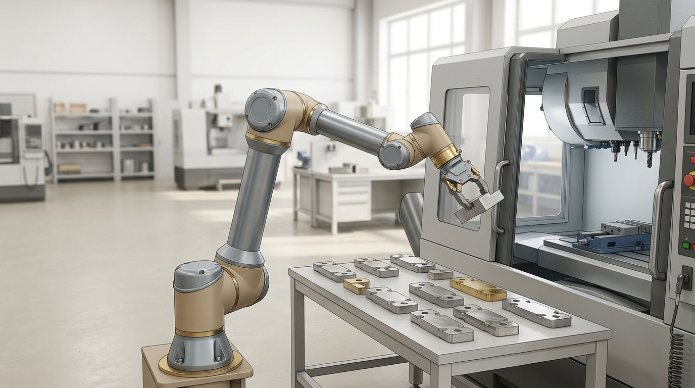 Cobot industriale generico a 7 assi mentre carica un pezzo su una macchina CNC in officina