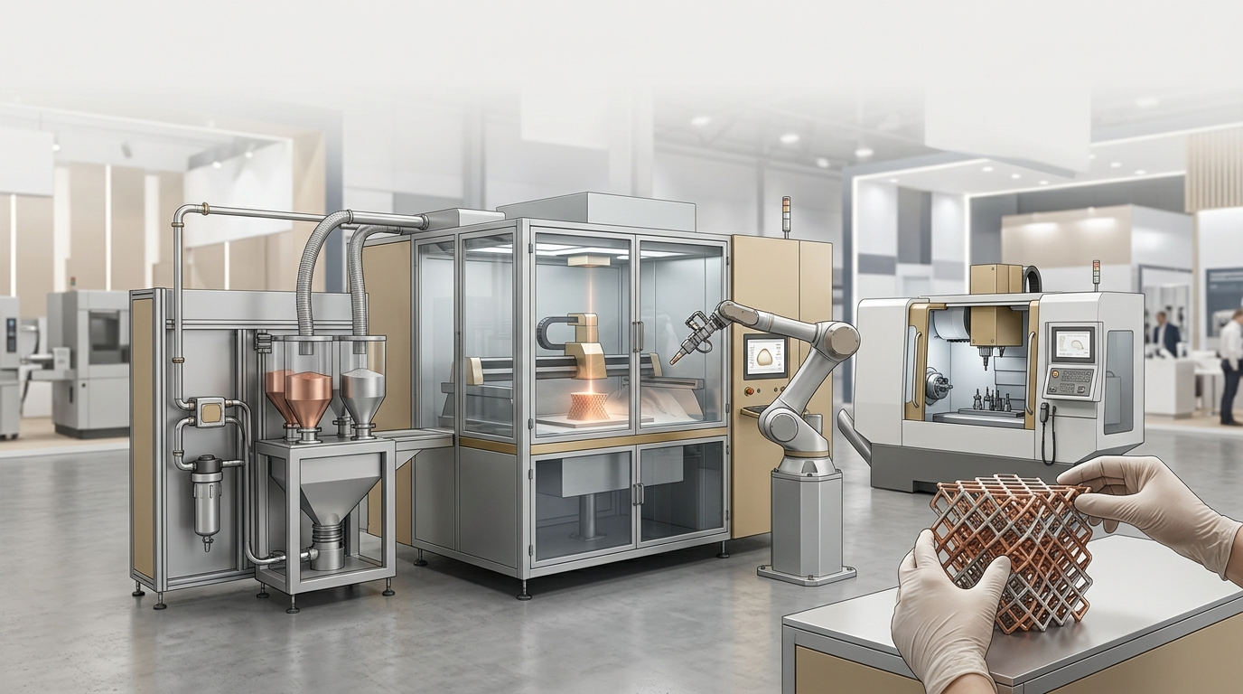 Cella industriale generica con sistema di manifattura additiva, robot antropomorfo e stazione di postprocessing in un ambiente fieristico neutrale