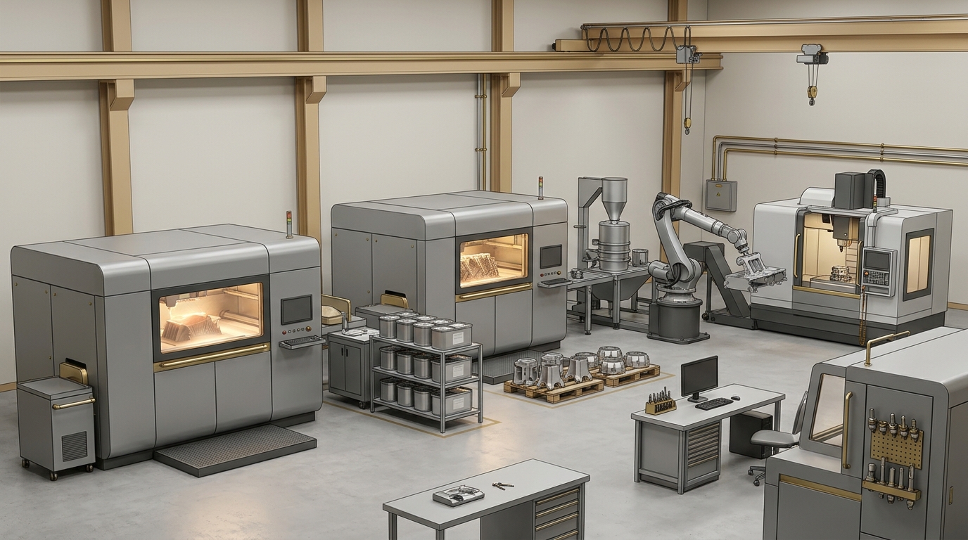 Reparto industriale dedicato alla produzione additiva metallica con stampanti LPBF, area polveri e macchine di finitura CNC