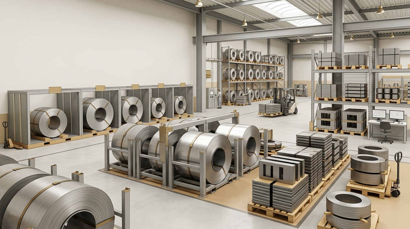 Bobine di acciaio elettrico e componenti magnetici in un contesto industriale generico