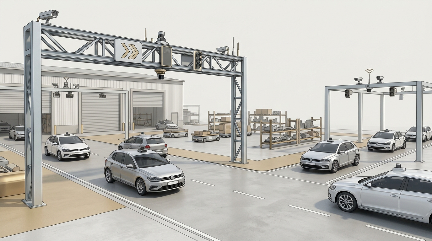 Illustrazione di veicoli che si muovono automaticamente in un'area logistica industriale interna allo stabilimento