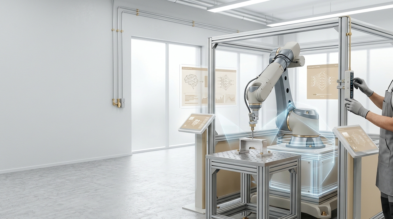 Illustrazione concettuale di un robot industriale con sistemi di percezione e controllo digitale integrati