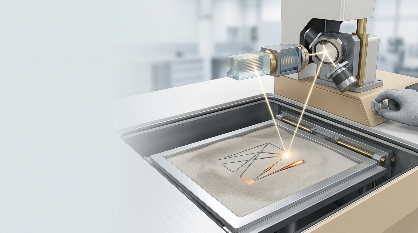 Illustrazione di una testa di scansione laser ibrida con galvanometri e deflettore acusto-ottico in un sistema di additive manufacturing