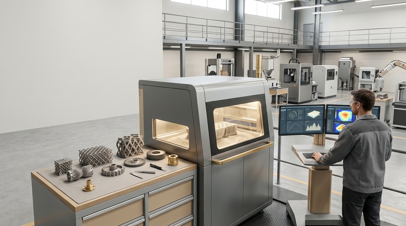 Illustrazione neutrale di macchine per additive manufacturing in un ambiente industriale generico