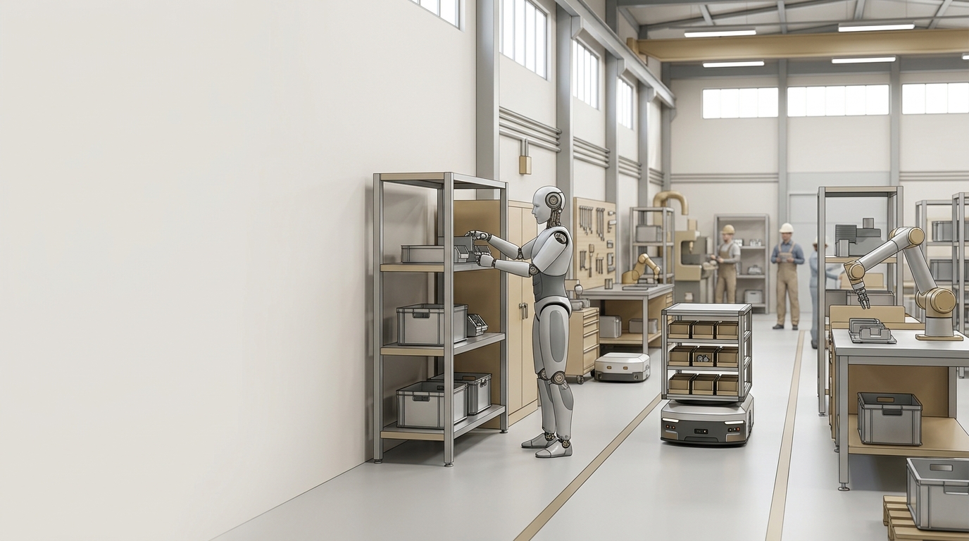 Illustrazione neutrale di un ambiente produttivo con sistemi robotici mobili e stazioni di lavoro industriali in un impianto esistente