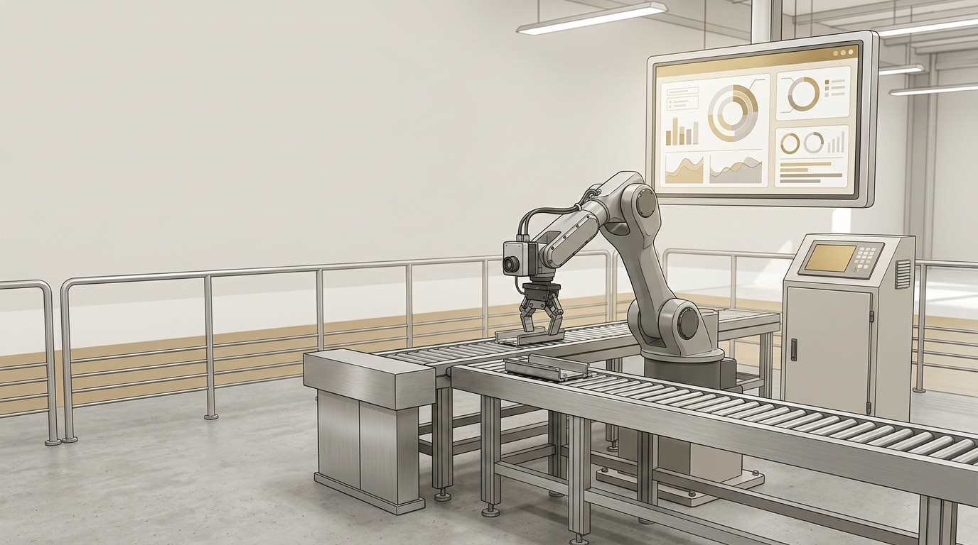 Illustrazione di una cella robotizzata generica con sistema di visione industriale e software di automazione