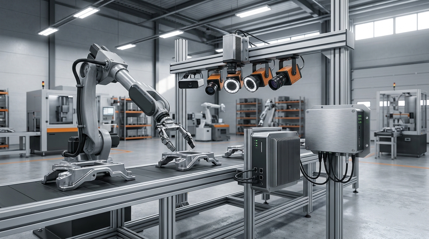 Illustrazione di un sistema di percezione robotica industriale con sensori, telecamere e unità di elaborazione integrata