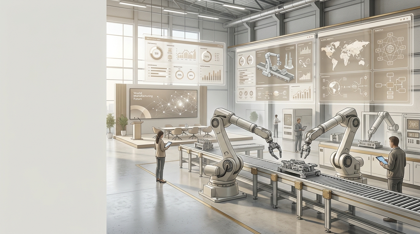 Illustrazione generica di una conferenza industriale su manifattura digitale, robotica e dati