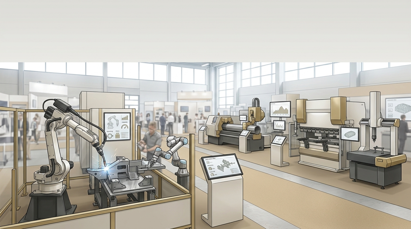 Illustrazione neutrale di un padiglione industriale con celle robotizzate di saldatura, sistemi di taglio e stazioni di ispezione in funzione